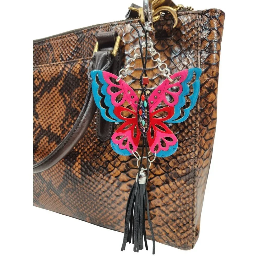 Turquoise Handpainted Wooden Butterfly Purse Leather Tassel Stone Beaded Leather